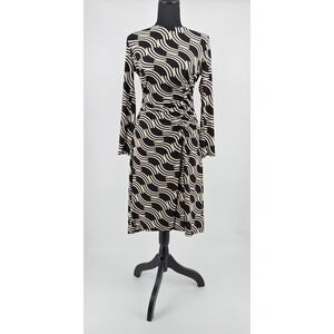 Clover and Sloane Black Tan Geometric Wave Ruched Midi Dress Womens Size 8
